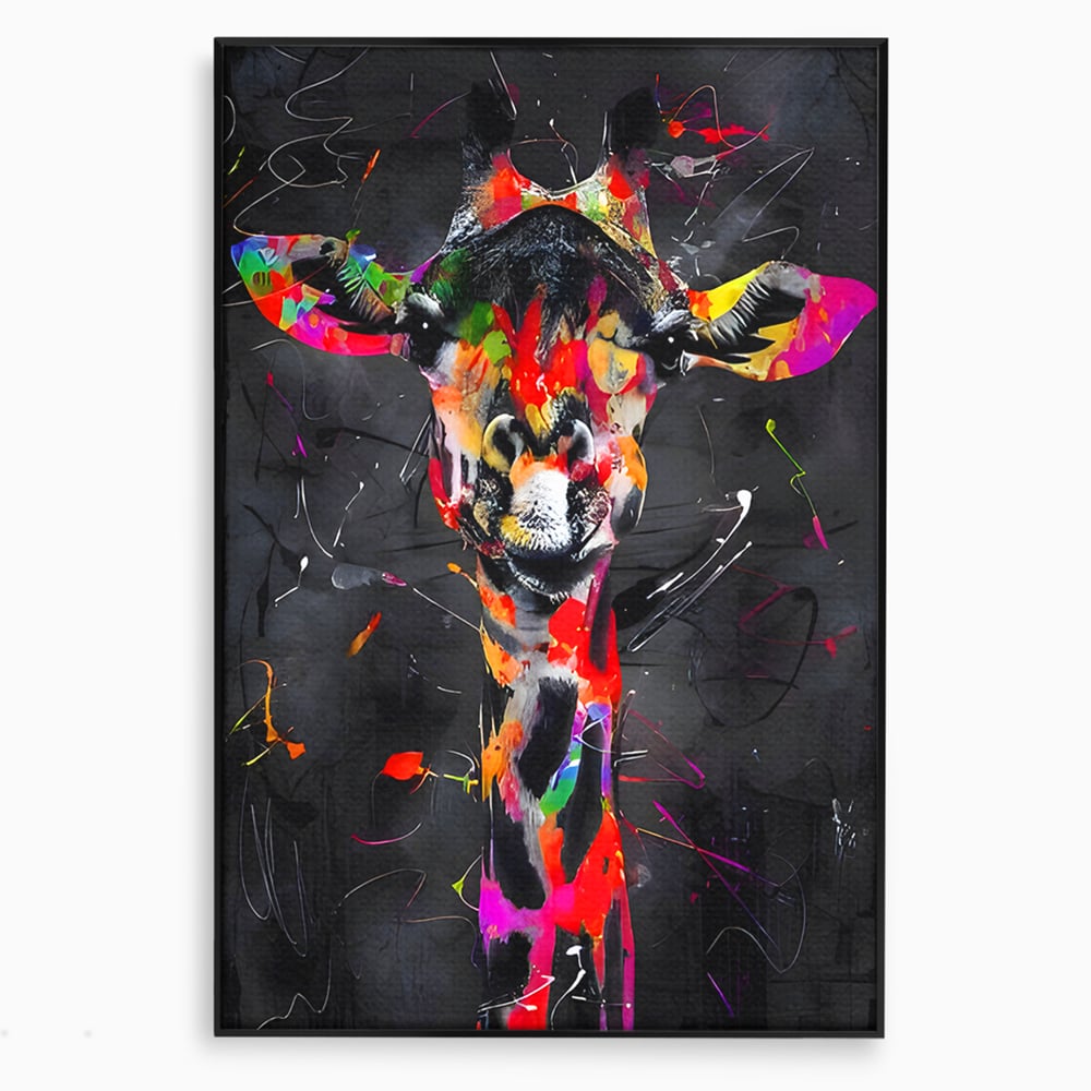 Tablou canvas cu tablou canvas cu girafa multicolor, in rama de aluminiu negru